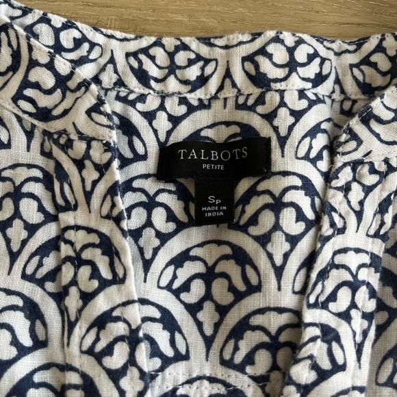 Talbots 100% Linen Top Blue and White Coastal - Picture 3 of 8